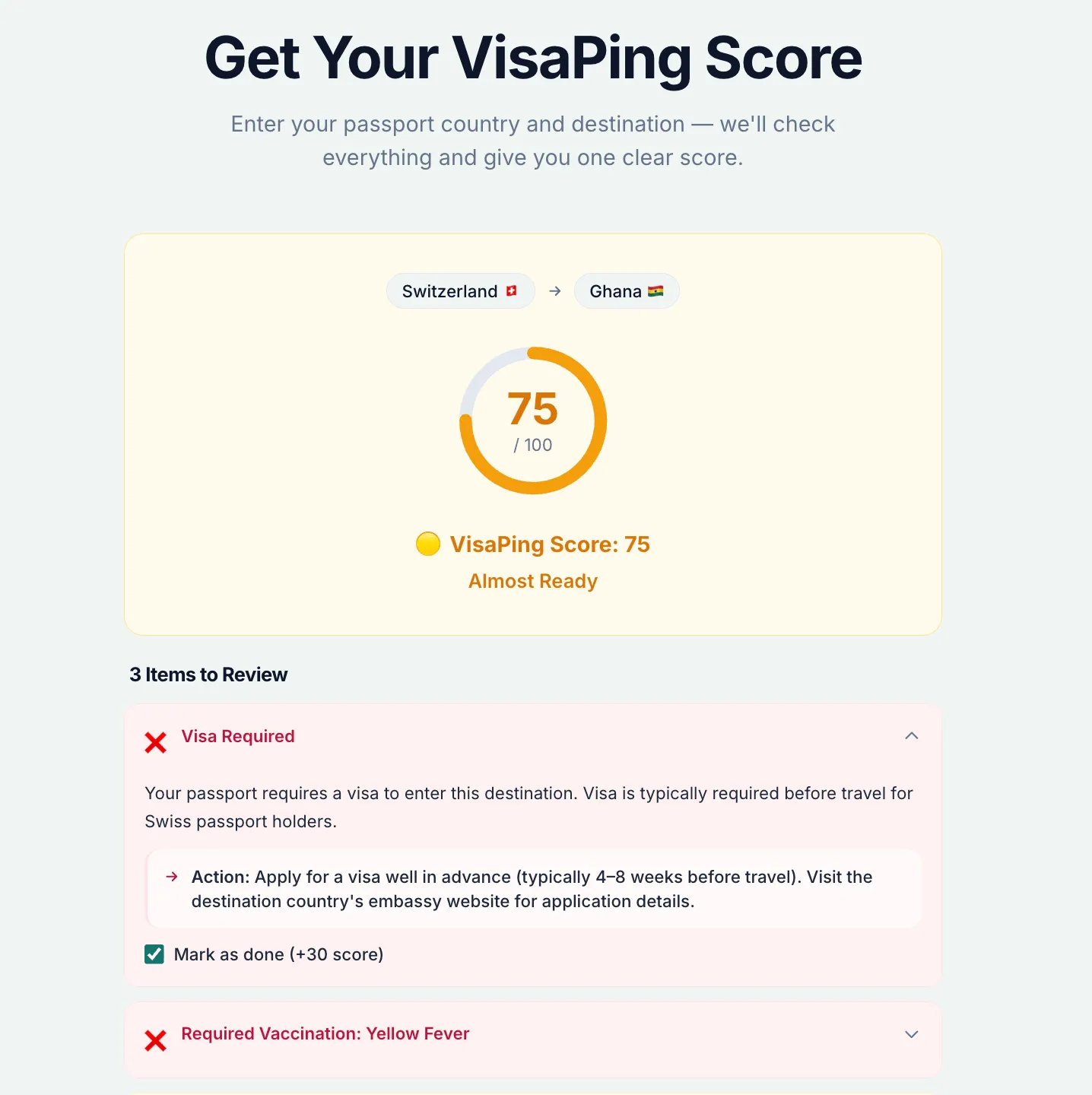 VisaPing travel readiness score